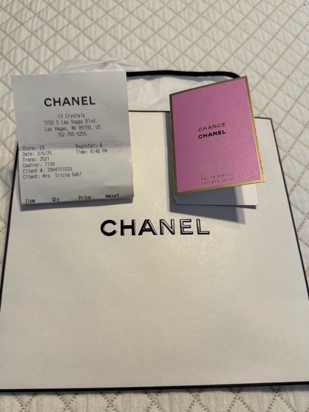 Chanel White W/Black Letters Shopping/Gift Bag W/Chance By Chanel Sample